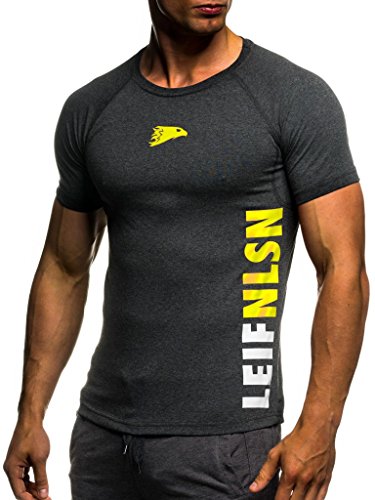 LEIF NELSON GYM Herren Fitness T-Shirt Trainingsshirt Training LN06279; Grš§e L, Anthrazit-Gelb - 2