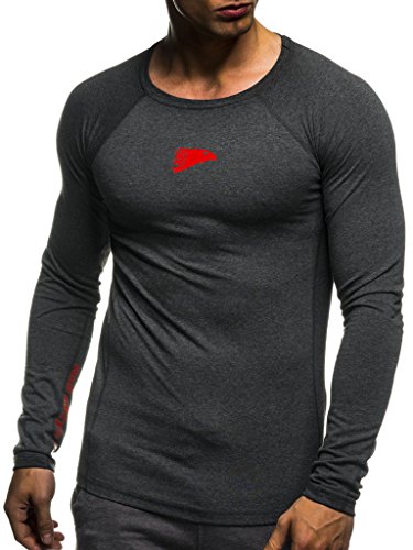 LEIF NELSON GYM Herren Fitness Sweatshirt T-Shirt Rundhals Langarm Trainingsshirt Training LN06283; Grš§e L, Anthrazit-Rot - 3