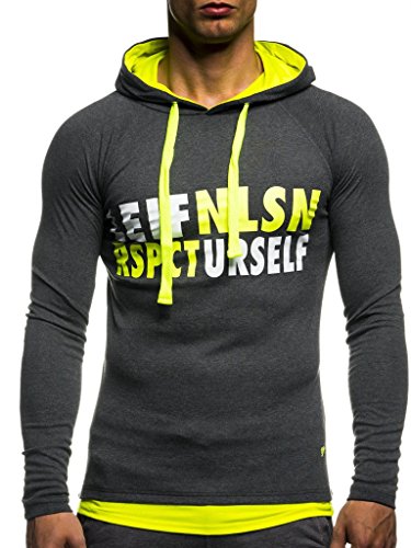 LEIF NELSON GYM Herren Fitness Sweatshirt mit Kapuze Hoodie Langarm Trainingsshirt T-Shirt Training LN06278; Grš§e L, Anthrazit-Gelb - 2
